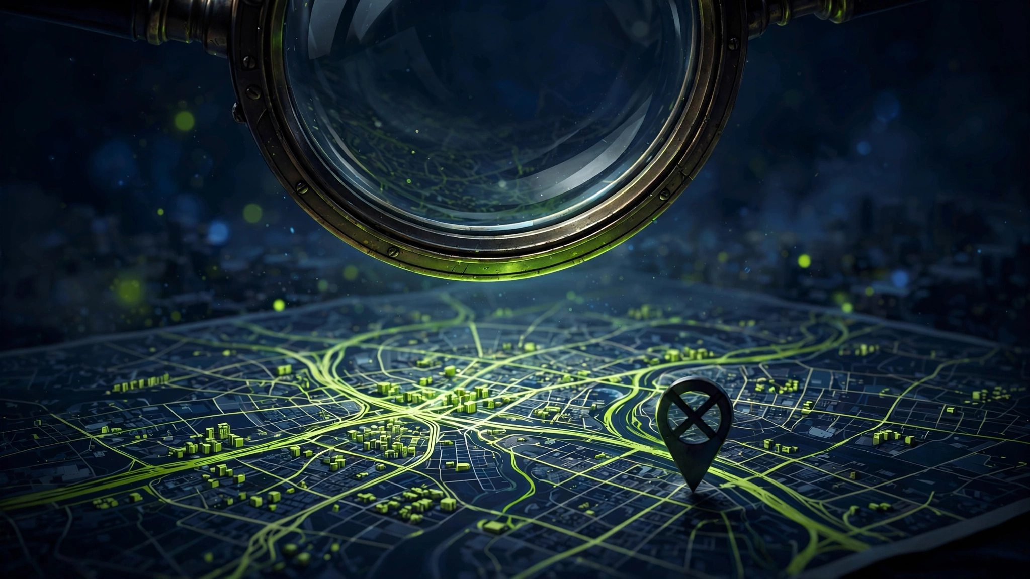 Magnifying glass hovering over a glowing city map with a location pin, inspecting for visibility blockages