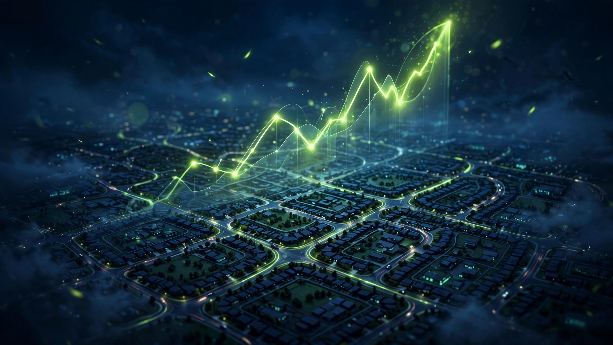 Glowing upward growth chart rising over a nighttime city, building local momentum
