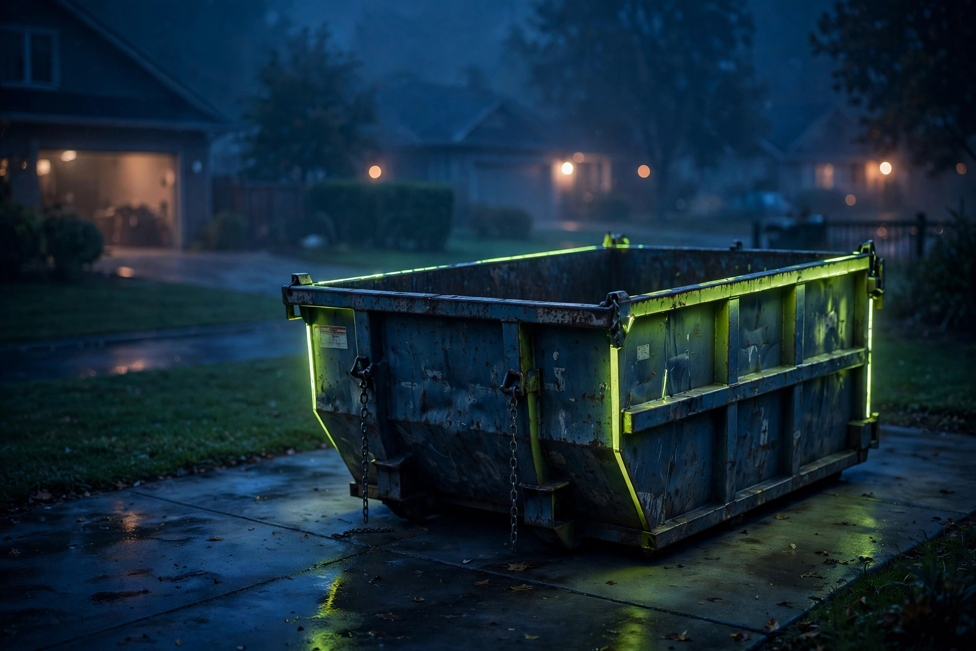 Roll-off dumpster container on a residential driveway at night