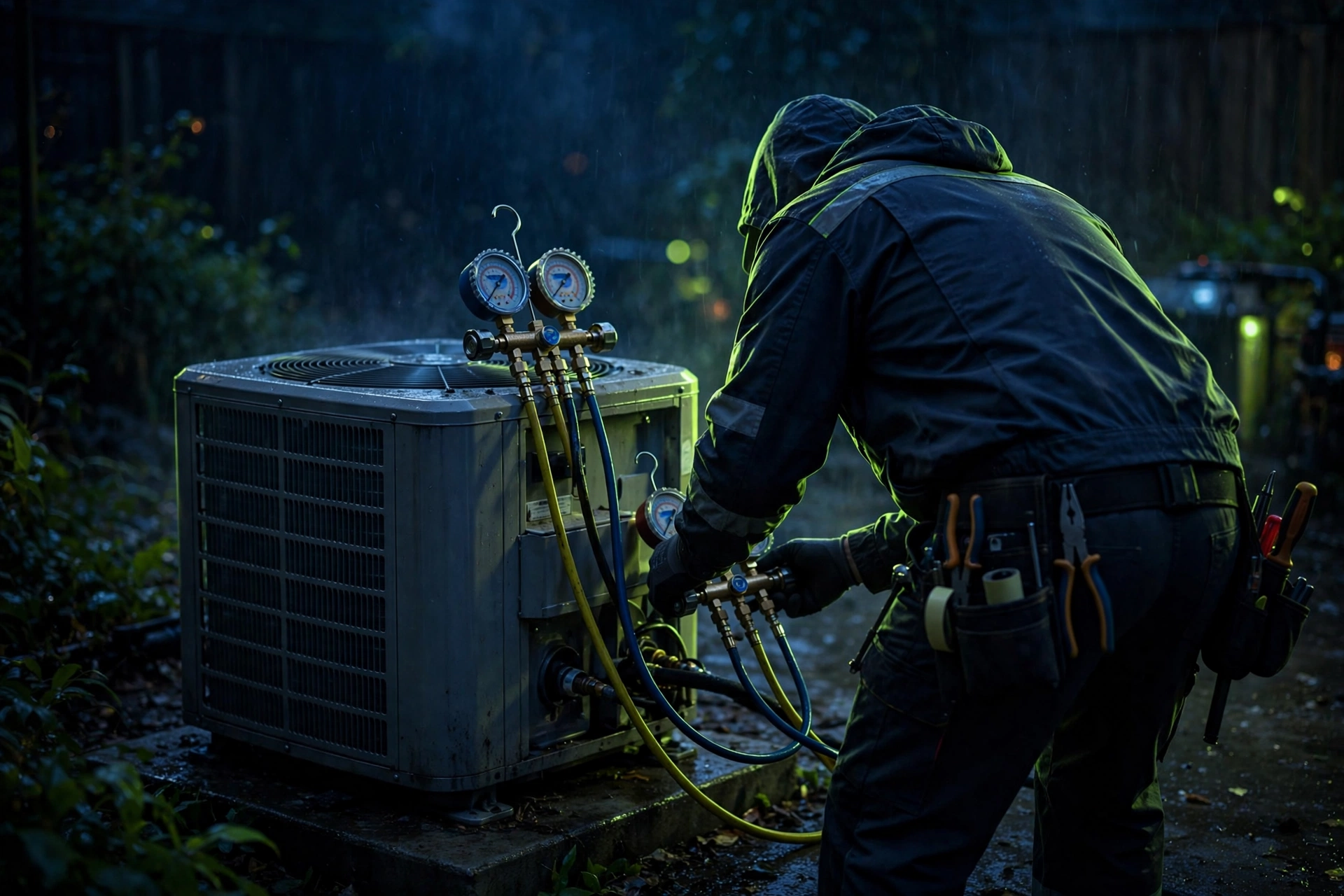 HVAC technician servicing an outdoor air-conditioning unit with manifold gauges
