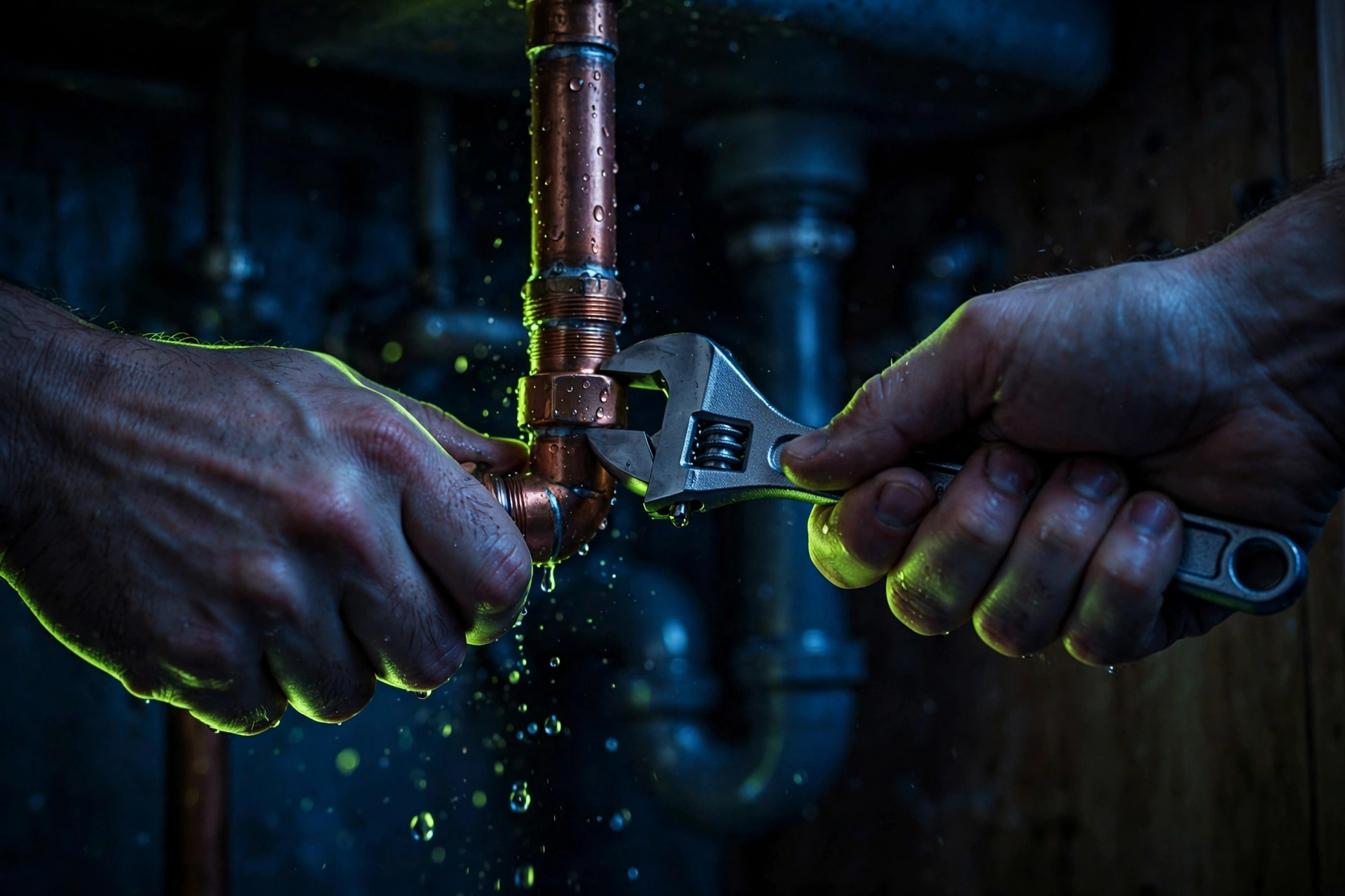 Plumber's hands tightening a copper pipe fitting with a wrench