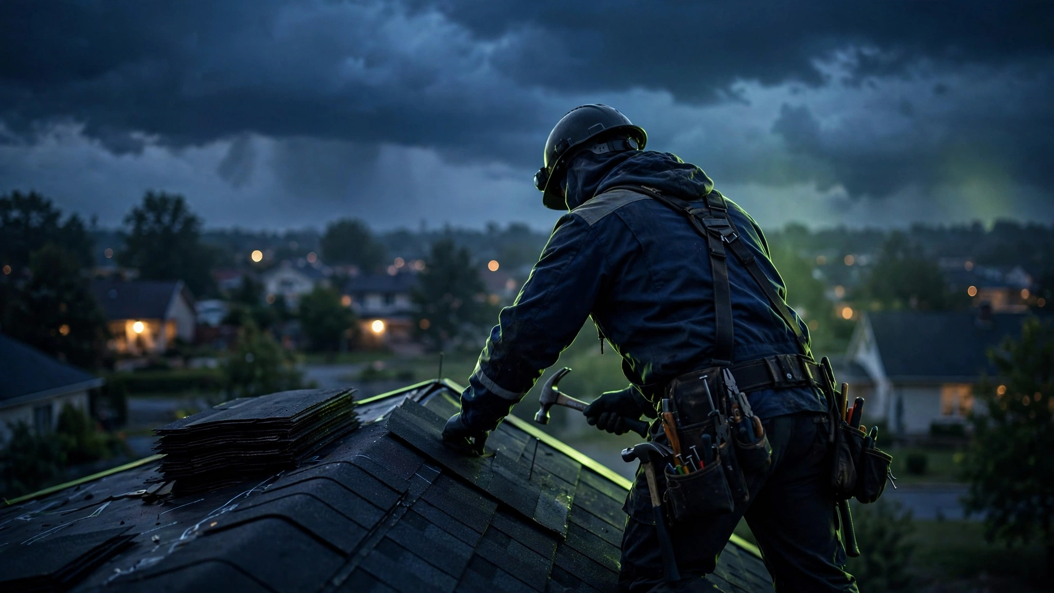 Roofer installing shingles on a residential roof at dusk