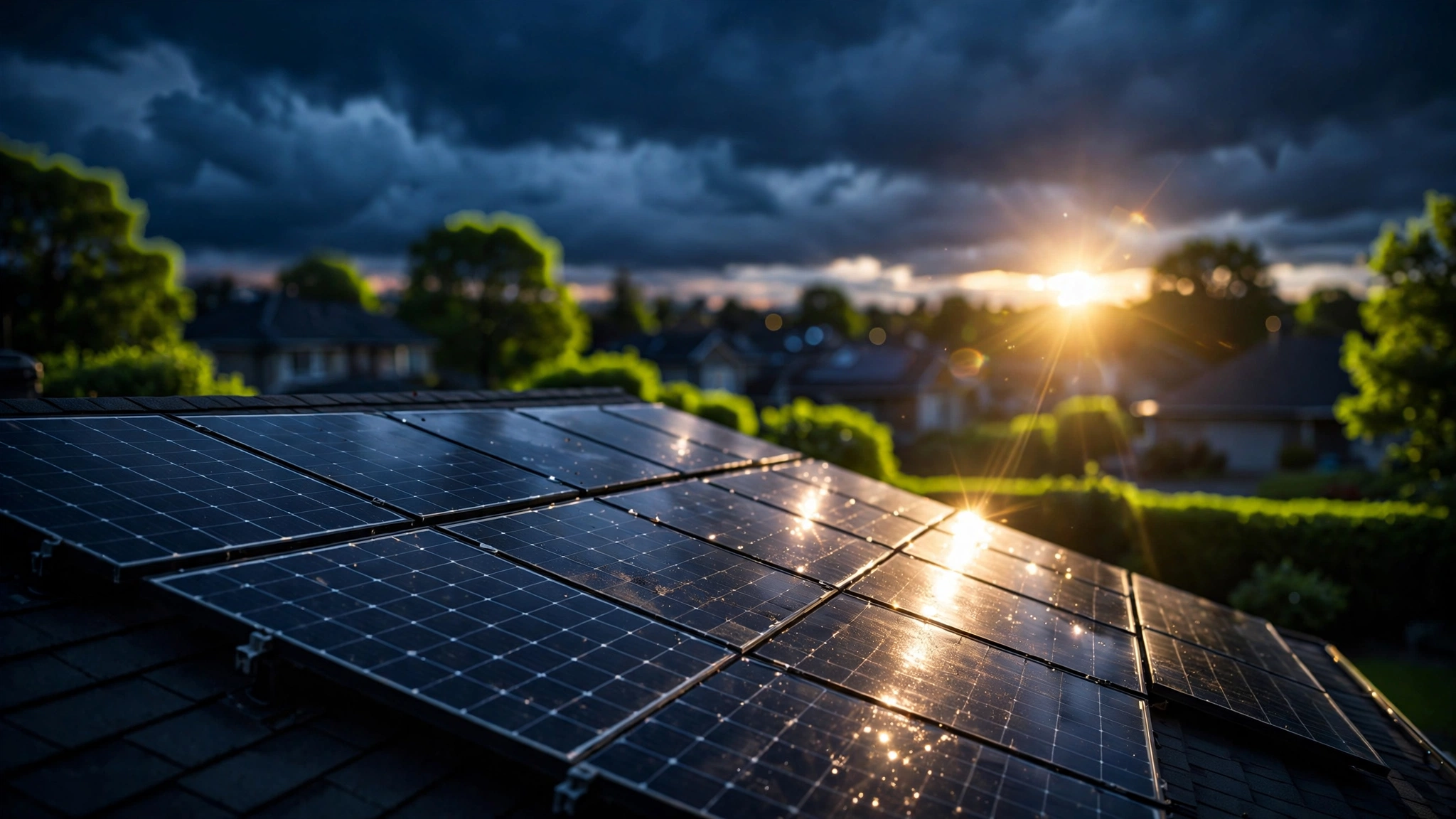 Rooftop solar panel array catching the sunset