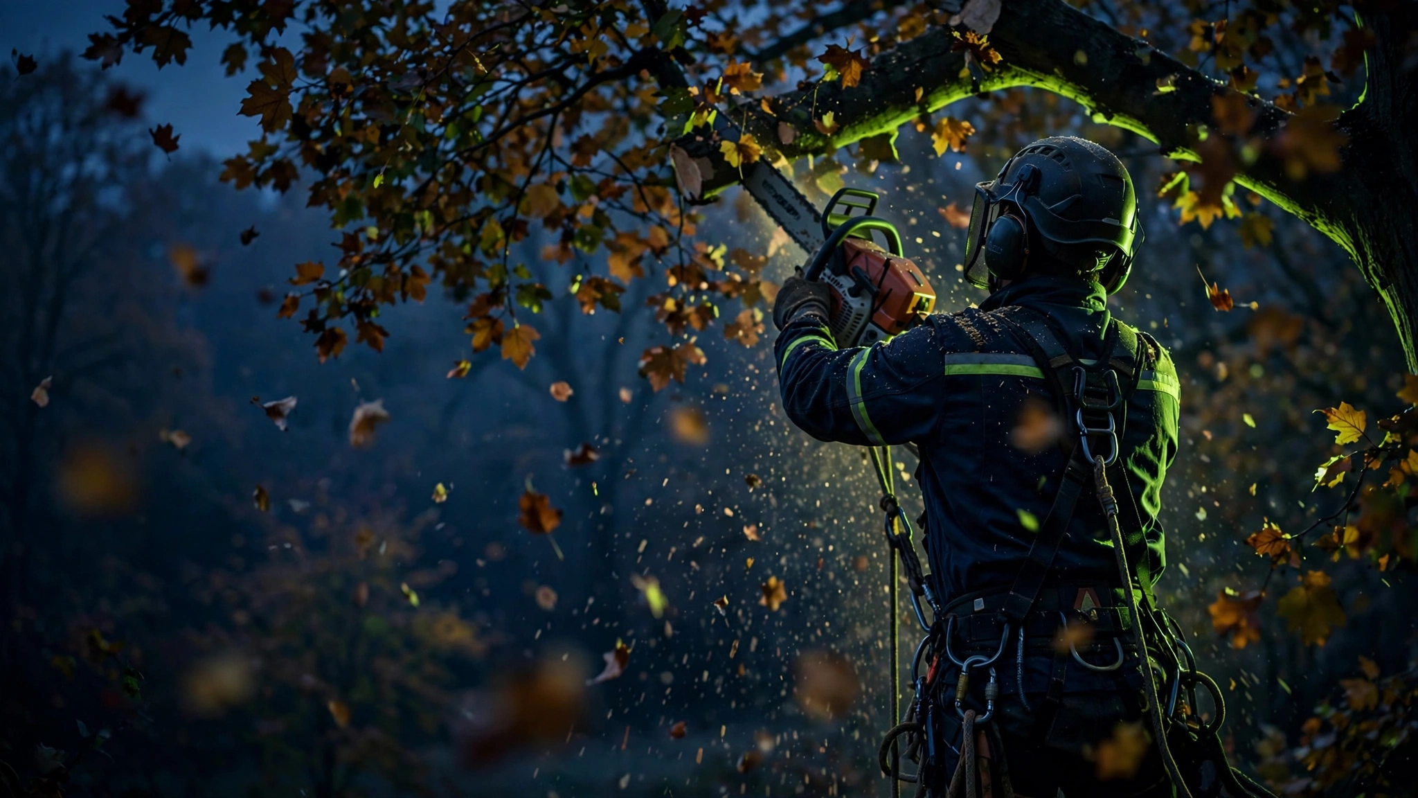 Tree service worker cutting branches with a chainsaw